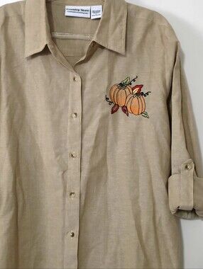 Country Store 100% Cotton Button Up Embroidered Fall Theme Top Cottagecore Large